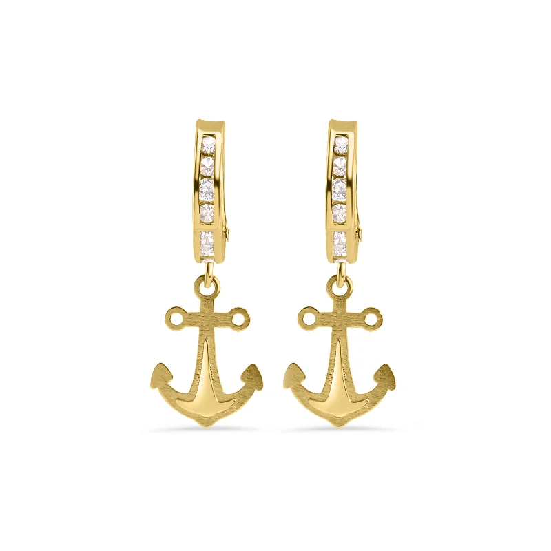 14E00451. - 14 Karat Yellow Gold 12.2mm Hoop Half Studded Clear CZ Anchor Latch Box Earrings