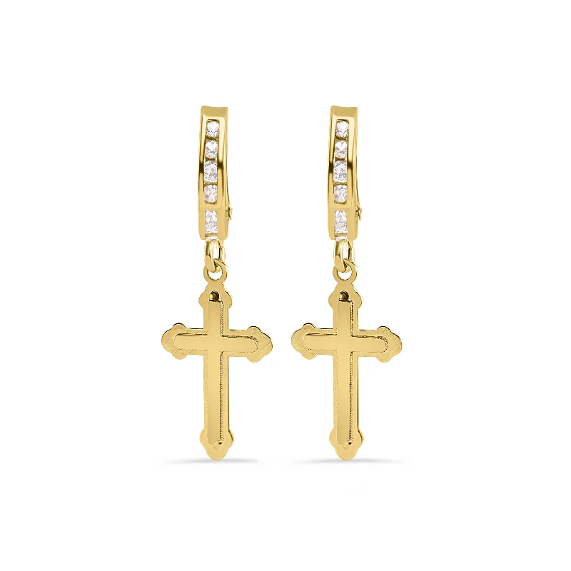 14E00452. - 14 Karat Yellow Gold 12.9mm Hoop Half Studded Clear CZ Cross Latch Box Earrings