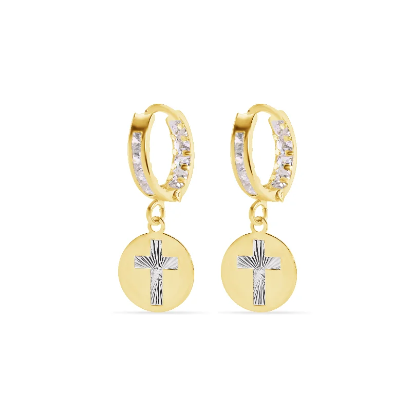 14E00454. - 14 Karat Yellow Gold 11.5mm Hoop Studded Clear CZ Diamond Cut Cross Latch Box Earrings