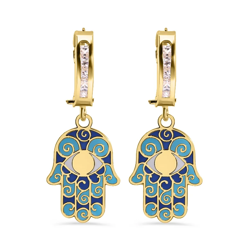 14E00459. - 14 Karat Yellow Gold 11.7mm Hoop Studded Clear CZ Enamel Hamsa Latch Box Earrings