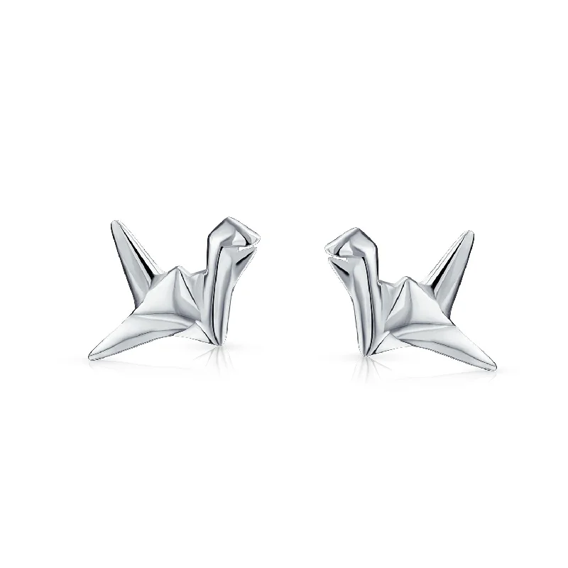 3D Geometric Origami Bird Swan Crane Stud Earrings in Sterling Silver