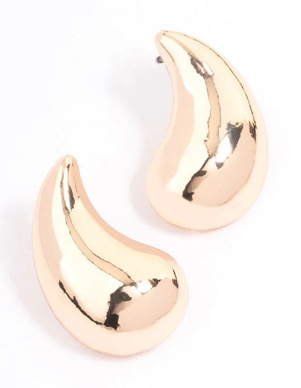 Gold Large Curved Droplet Stud Earrings