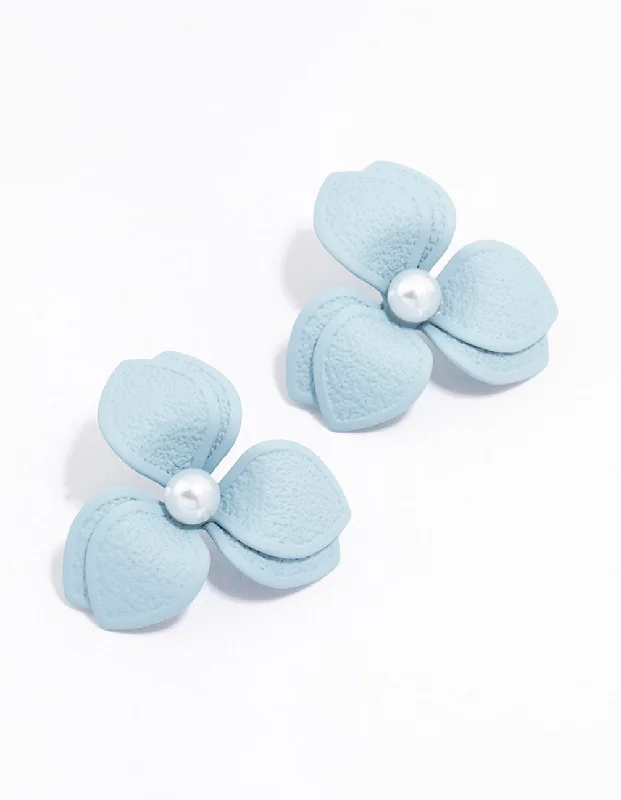 Blue Coated Petal Pearl Large Stud Earrings