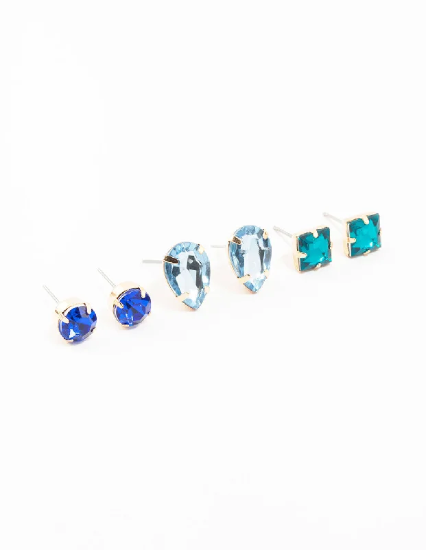 Blue Square, Pear & Circle Gold Stud Earrings 3-Pack