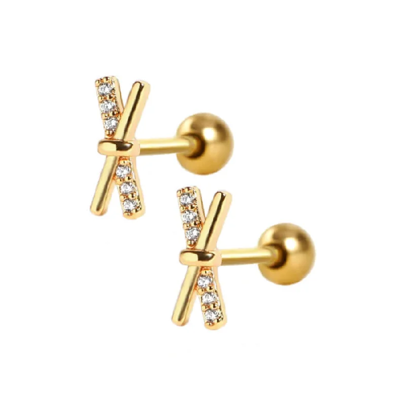 Crystal Cross Piercing Barbell Ball Back Earrings Sleeper Earrings