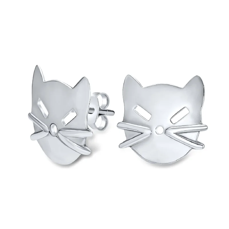 Curious Cat Face Stud Earrings in Polished Sterling Silver - Cute Kitten Design