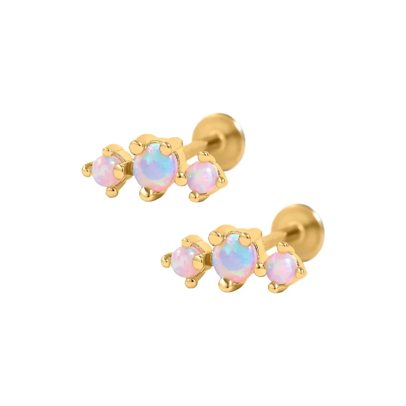 Curved Triple Pink Opal Prong Flat Back Cartilage Earrings