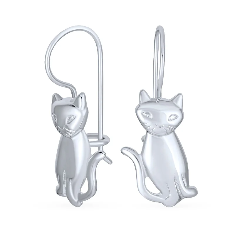 Cute Siamese Kitten Cat Dangle Earrings in Polished  Sterling Silver