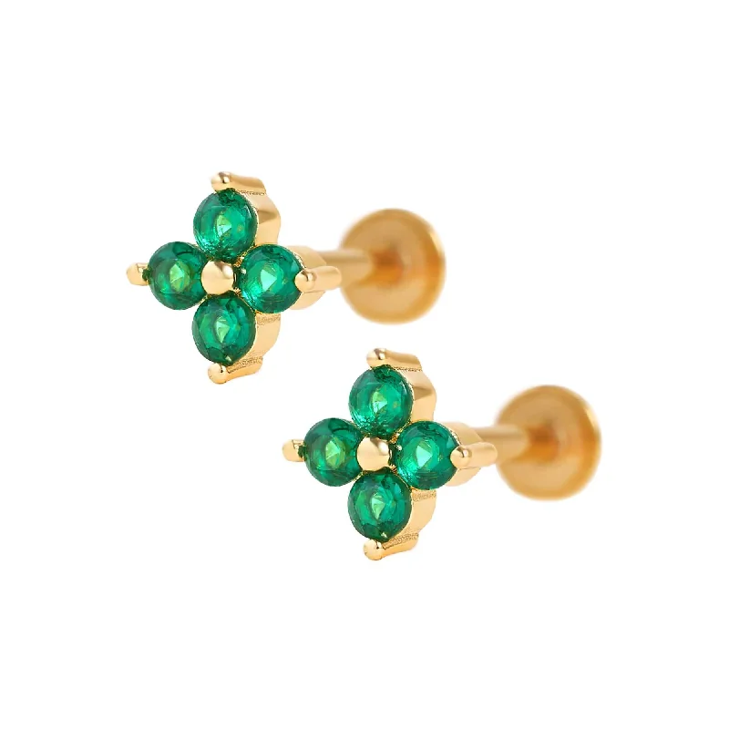 Emerald Green Four Leaf Clover Flat Back Cartilage Earrings