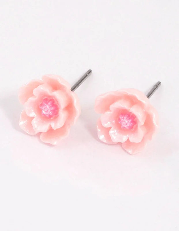 Pink Pearlised Flower Stud Earrings