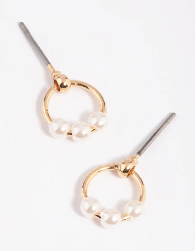 Gold Pearl Circular Stud Earrings