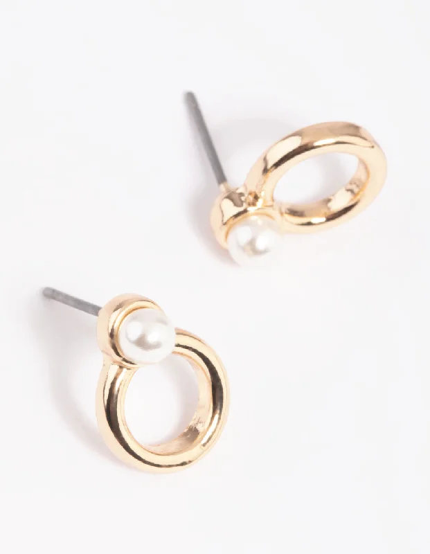 Gold Pearl Thick Circle Stud Earrings