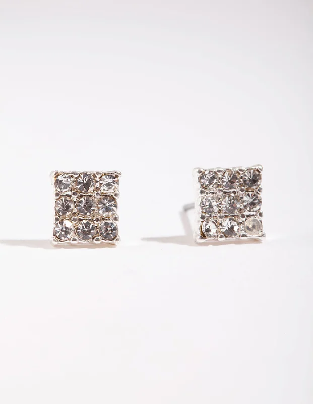 Silver Pave Diamante Square Stud Earrings