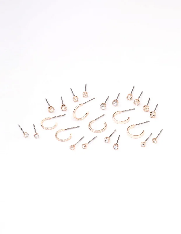 Rose Gold Diamante Stud & Hoop Earring 12-Pack