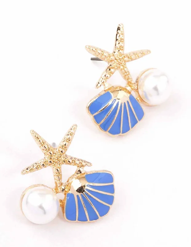 Gold & Blue Starfish Pearl Cluster Stud Earrings