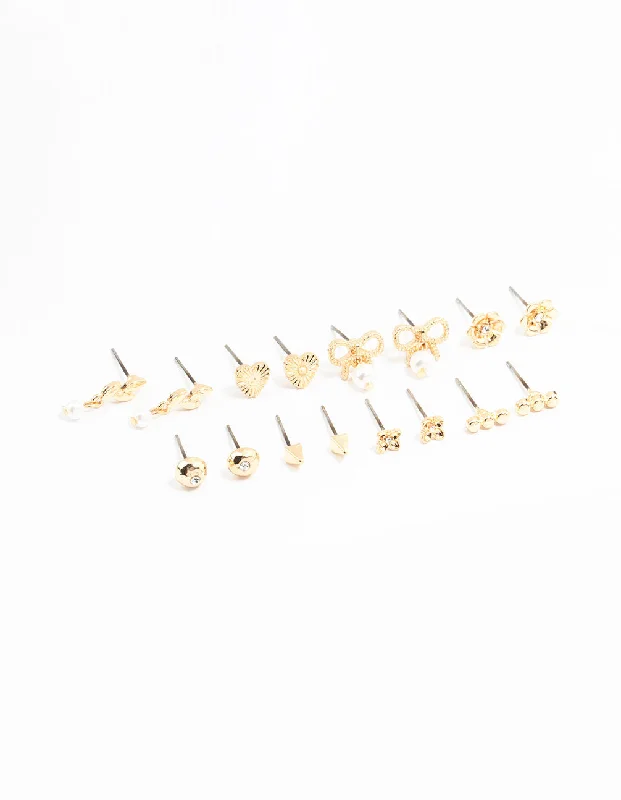 Gold Bow & Pearl Stud Earrings 8-Pack