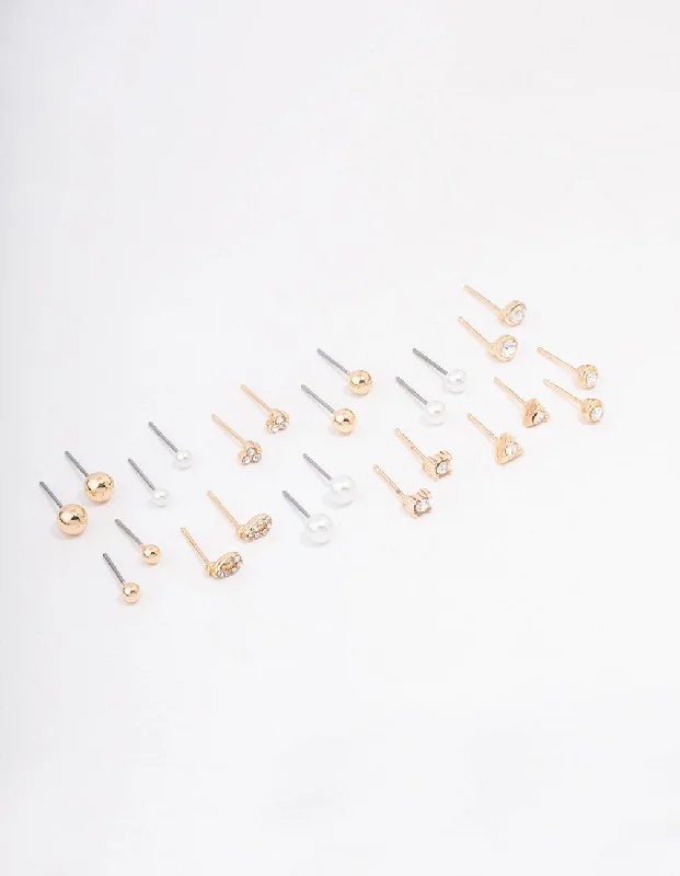 Gold Classic Pearl & Diamante Stud Earring 12-Pack