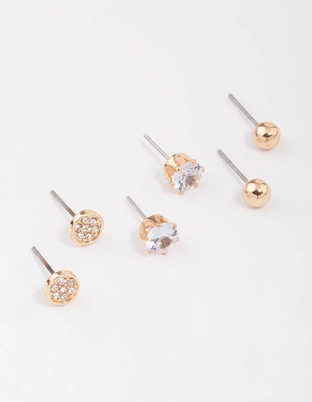 Gold Glitter Diamante Stud Earring 3-Pack