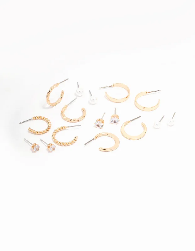 Gold Pearl Diamante Mixed Hoop & Stud Earring 8-Pack