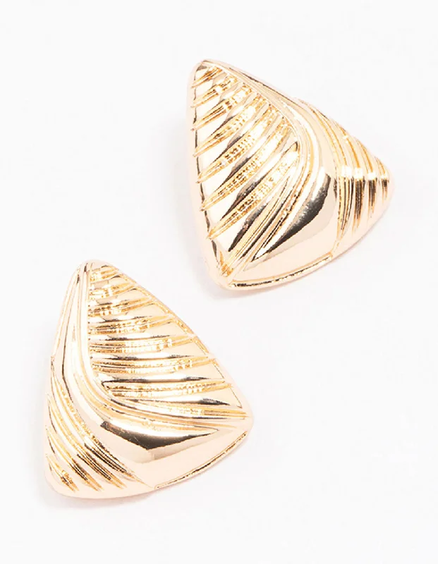 Gold Ribbed Triangular Stud Earrings