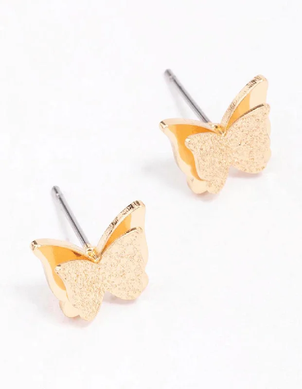 Gold Sandblast Butterfly Stud Earrings