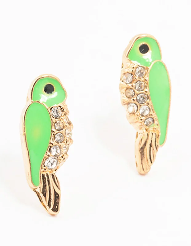 Green Gold Epoxy Parrot Stud Earrings