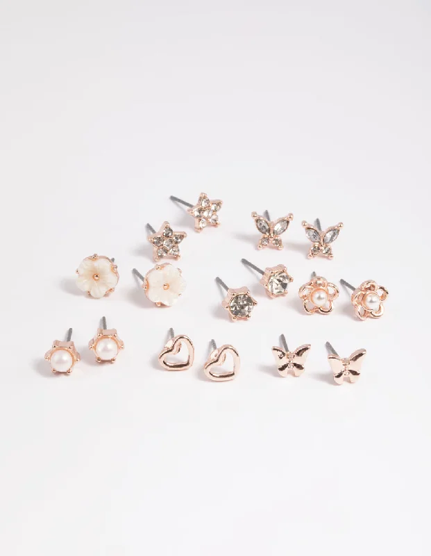 Rose Gold Pearlised Flower Stud Earring 8-Pack