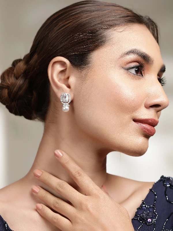 Rhodium plated zirconia studded pearl beaded dainty stud earrings