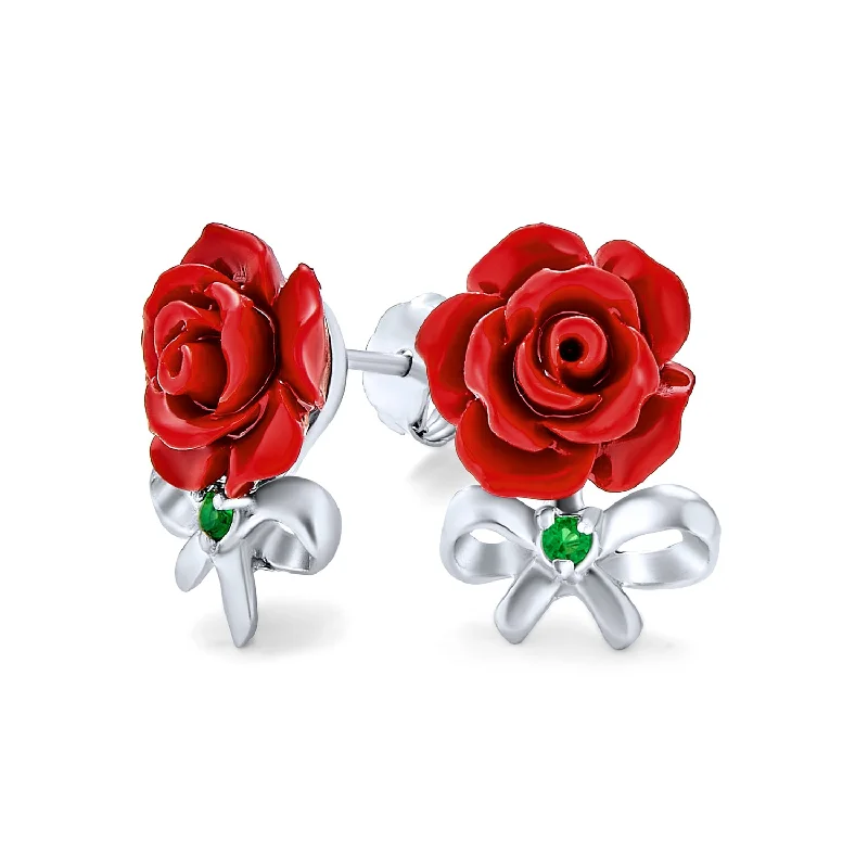 Romantic Floral Emerald Green CZ Stud Earrings with 3D Carved Red Rose Design