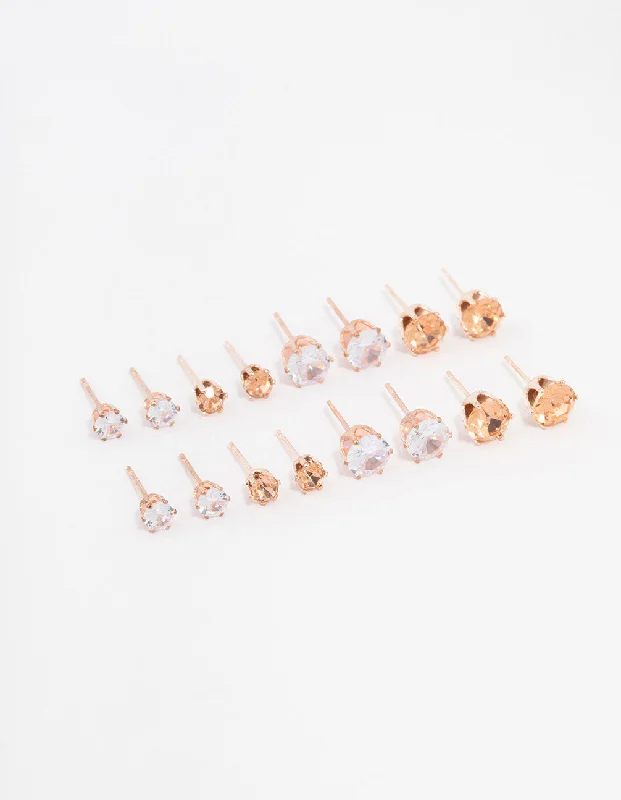 Rose Gold Basic Diamante Stud Earrings 8-Pack