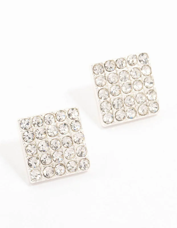 Silver Pave Diamante Square Stud Earrings