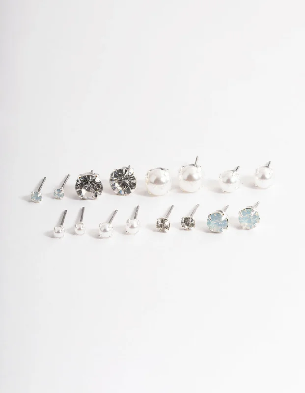 Silver Pearl & Diamante Stud Earrings 8-Pack