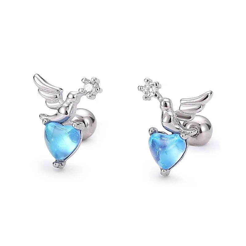 Trendolla Flying Bird With Heart CZ Flat Back Earrings