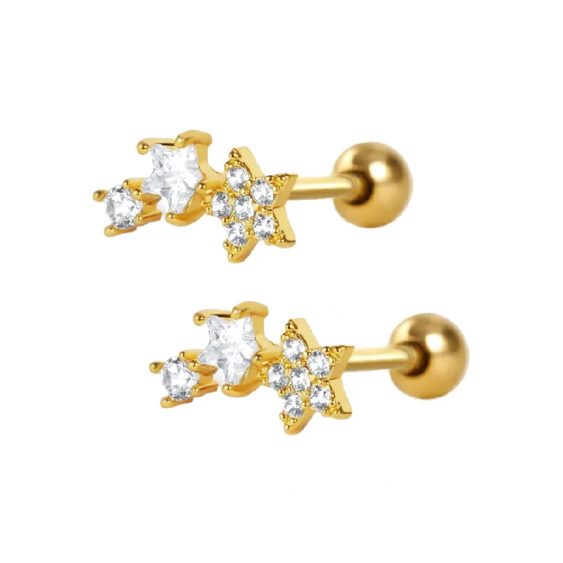 Trio Star Helix Piercing Barbell Ball Back Earrings Sleeper Earrings