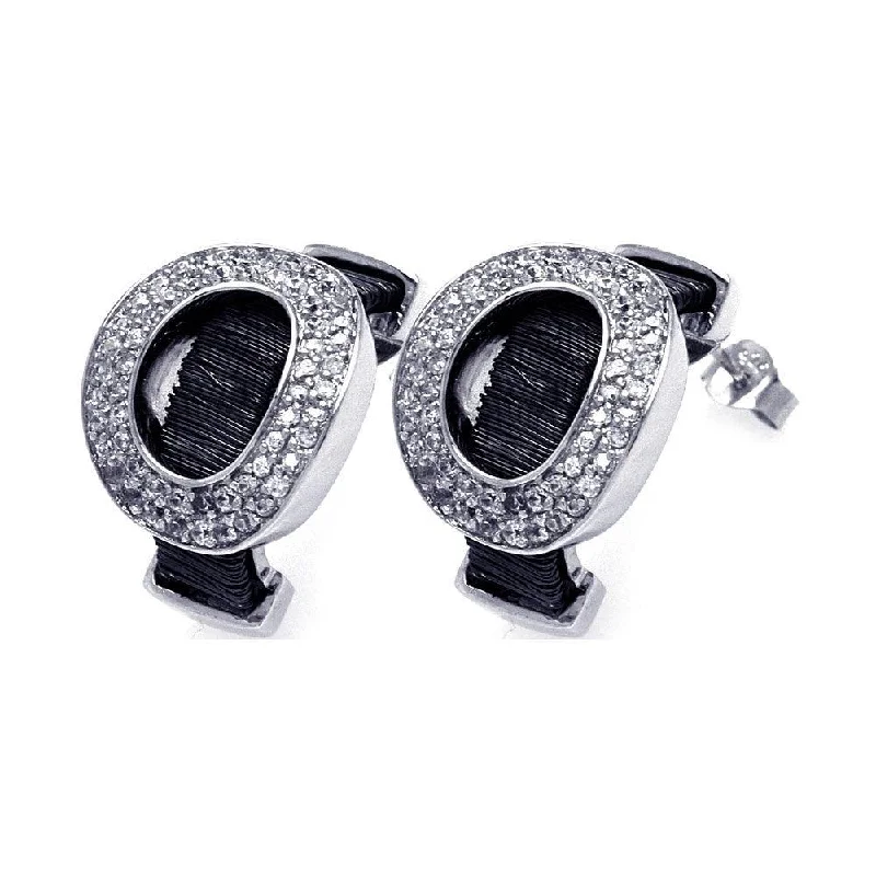 Clearance-Silver 925 Black and Silver Rhodium Plated Oval Letter O CZ Stud Earrings - BGE00134