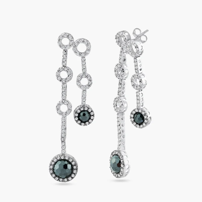 Clearance-Silver 925 Black Rhodium and Rhodium Plated Round Black and Clear CZ Two Strand Dangling Stud Earrings - STE00431