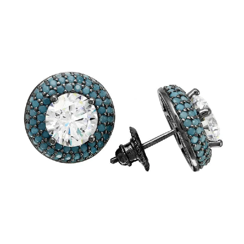 Black Rhodium Plated 925 Sterling Silver  Blue CZ Halo Stud Earrings - GME00082BLK