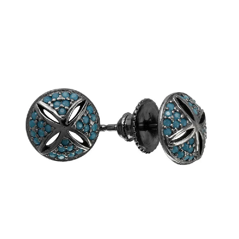 Black Rhodium Plated 925 Sterling Silver Cross Cut Out Dome CZ Stud Earrings - GME00080BLK