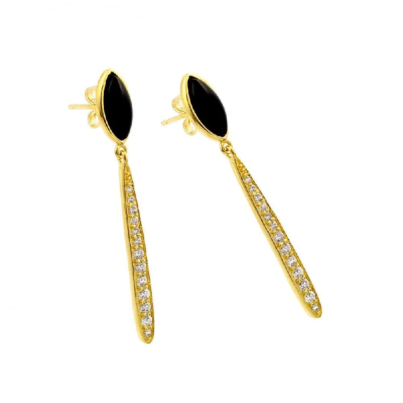 Silver 925 Gold Plated Black Marquise Stretched Oval CZ Dangling Stud Earrings - BGE00400