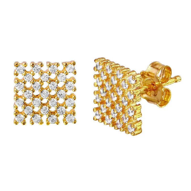 Silver 925 Gold Plated Checkered CZ Stud Earrings - ACE00079GP