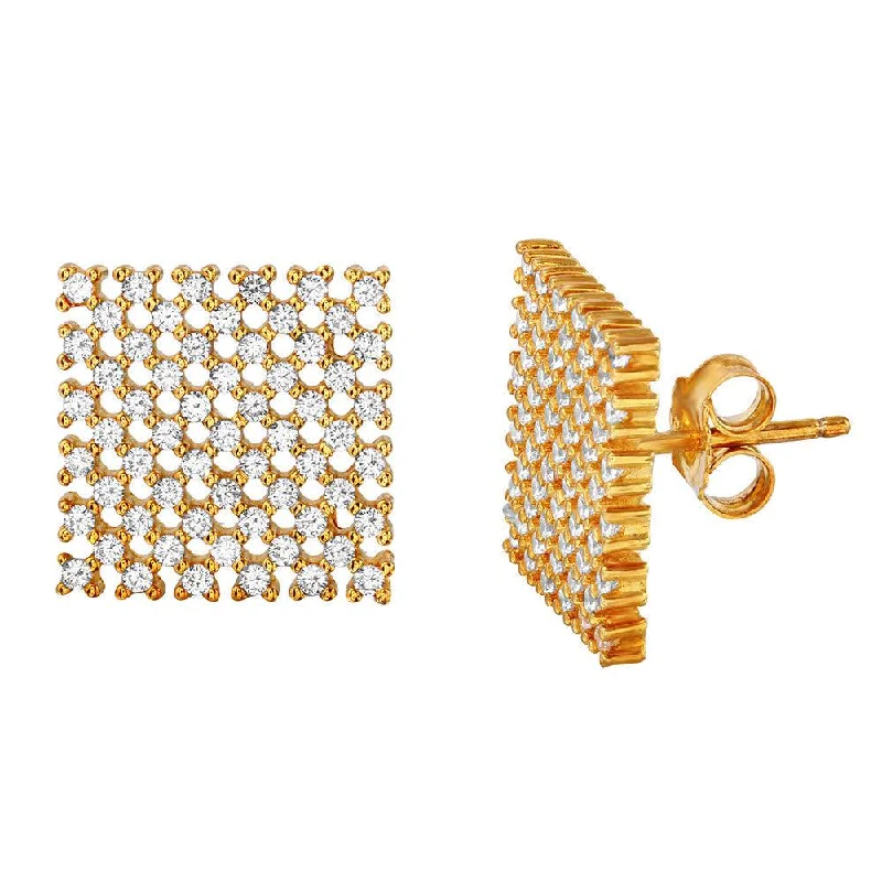 Silver 925 Gold Plated Large Checkered CZ Stud Earrings - ACE00080GP