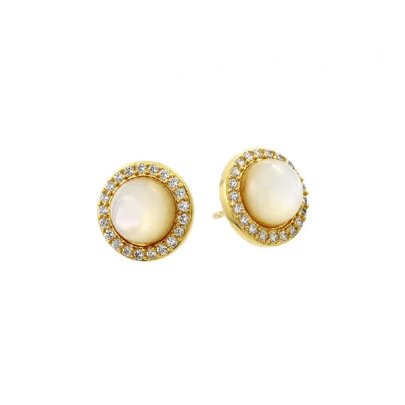 Silver 925 Gold Plated Round CZ Outline Center Pearl Stud Earrings - BGE00410GP