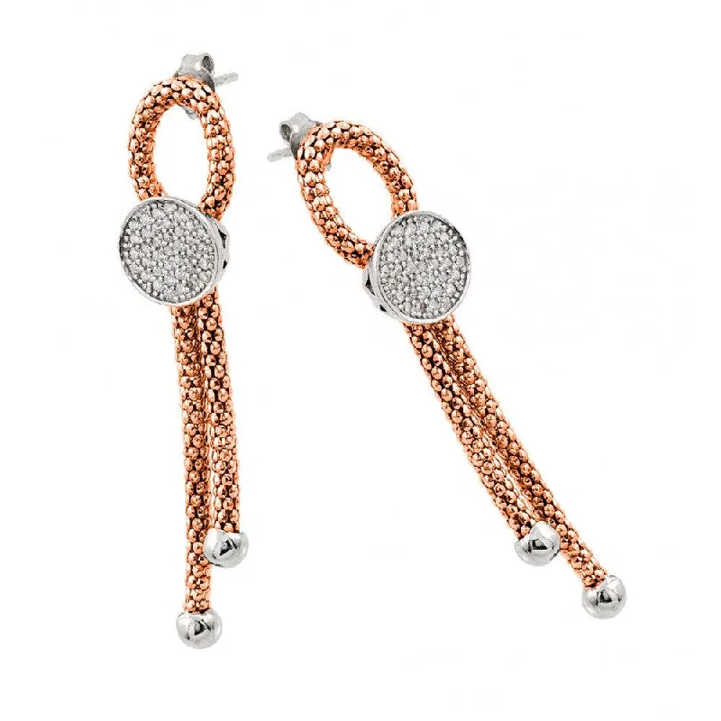 Silver 925 Rhodium and Rose Gold Plated Dangling Ribbon Center Circle CZ Inlay Dangling Stud Earrings - ECE010RGP