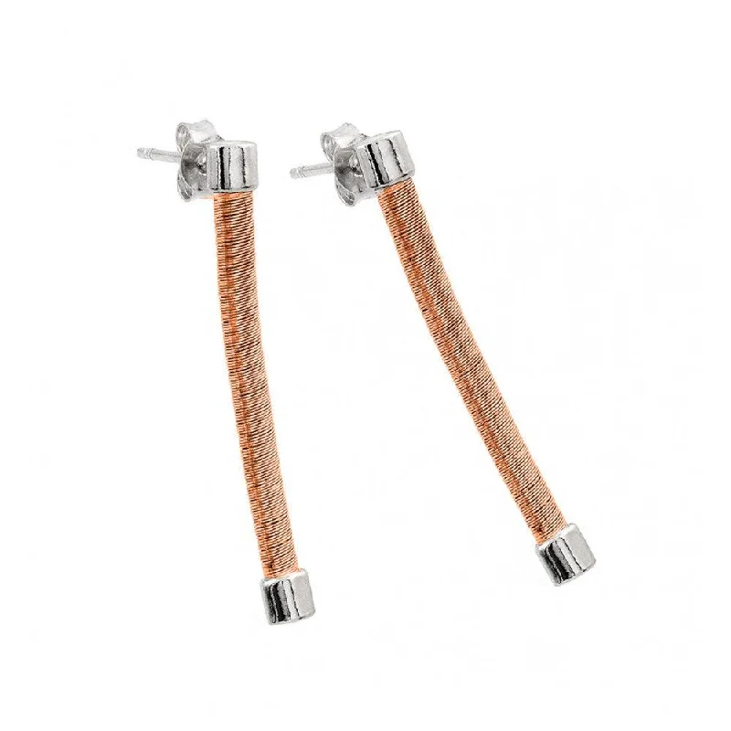 Silver 925 Rhodium and Rose Gold Plated Long Dangling Stud Earrings ECE001RGP