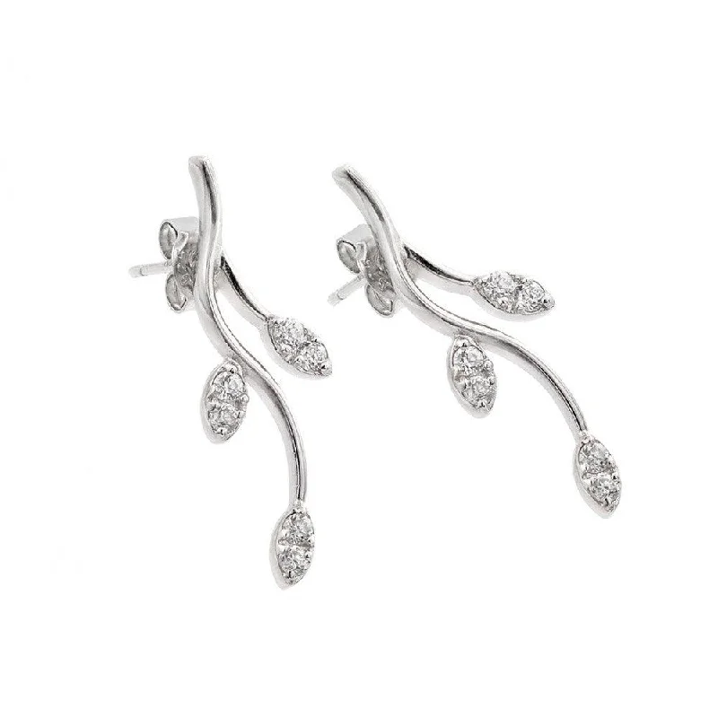 Silver 925 Rhodium Plate Curvy Tree Branch Marquis Clear CZ Stud Earrings - STE00630