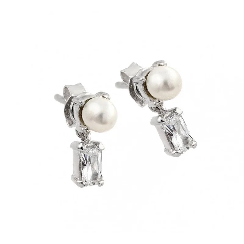 Silver 925 Rhodium Plated Baguette Clear CZ Pearl Dangling Stud Earrings - STE00887