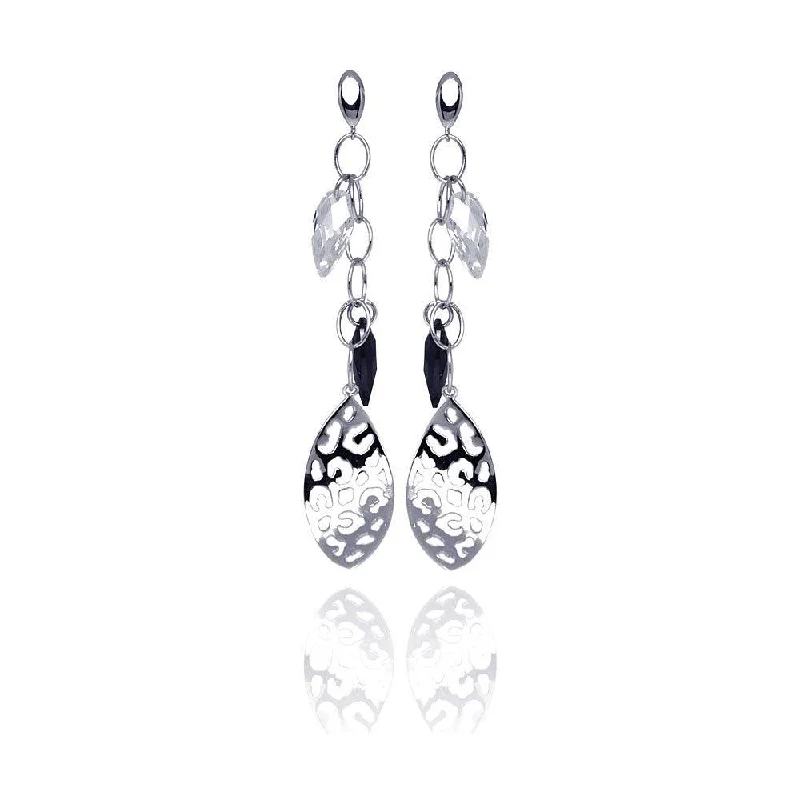 Clearance-Silver 925 Rhodium Plated Black and Clear Marquise CZ Flat Filigree Wire Dangling Stud Earrings - STE00290BLK