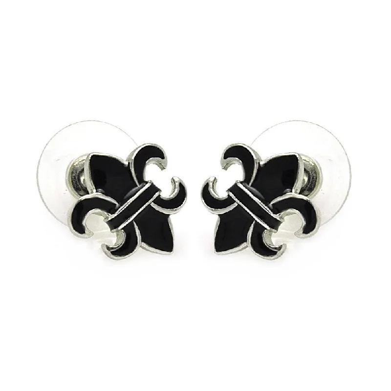 Silver 925 Rhodium Plated Black Fleur De Lis Stud Earrings - BGE00199