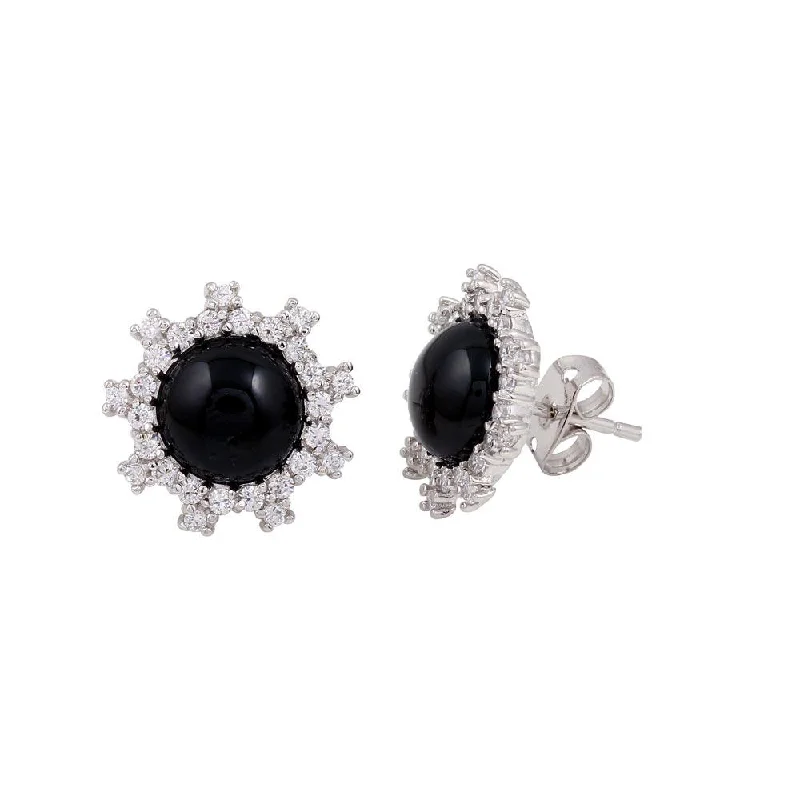 Rhodium Plated 925 Sterling Silver Black Flower Stud Earrings with CZ - BGE00428