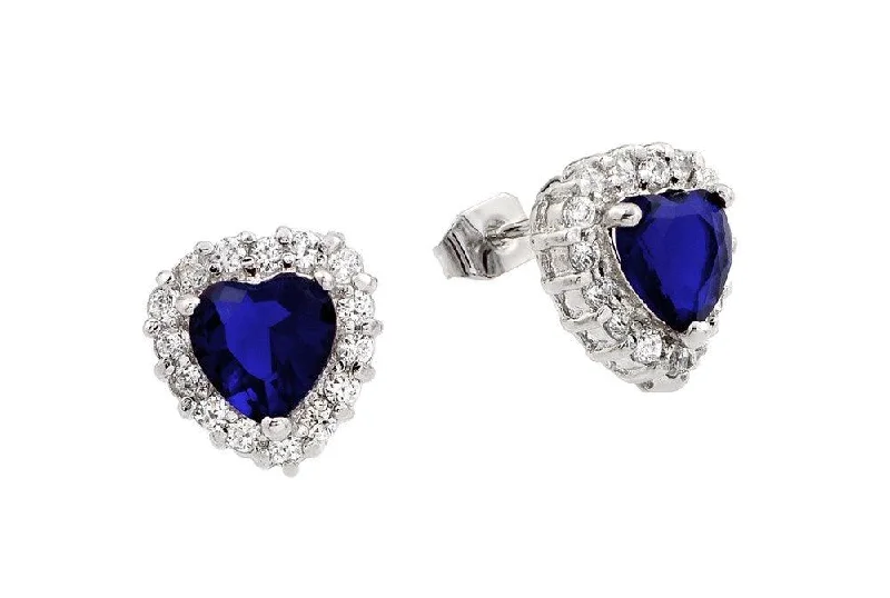 Silver 925 Rhodium Plated Blue and Clear Heart CZ Stud Earrings - BGE00367B